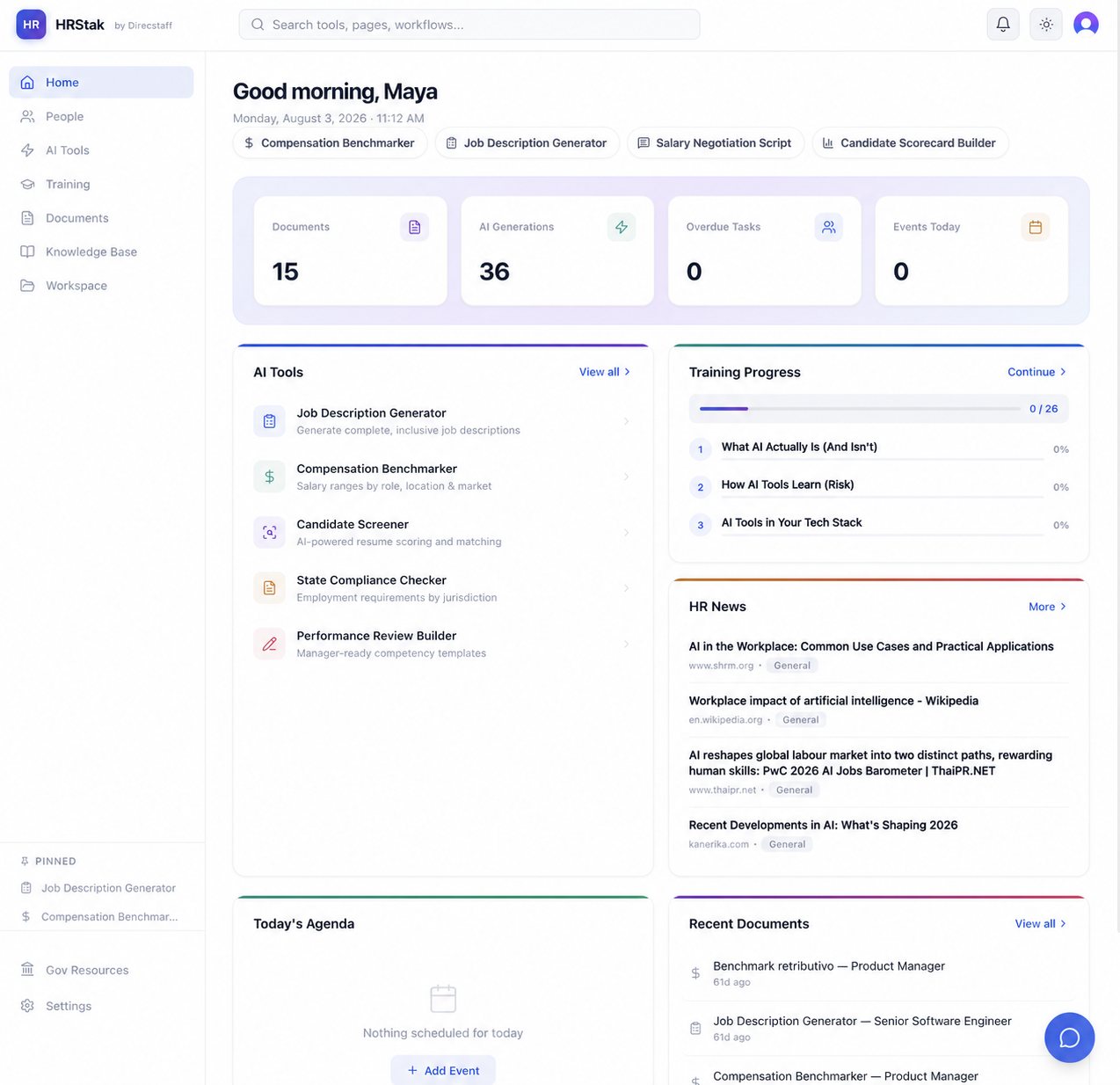 HRStak's real AI HR workspace dashboard showing AI tools, training, documents, knowledge, and workspace navigation